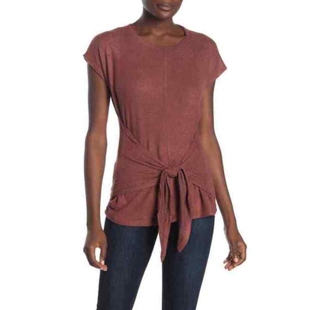 Bobeau Hacci Front Tie Soft Knit Top In Pine Cone Brown Size S NWT